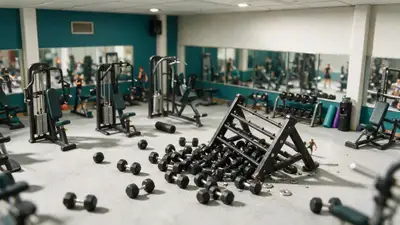 Miniatur-Diorama eines Fitnessstudios mit chaotisch umgestürztem Gewichtsständer