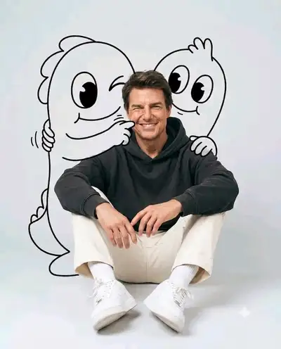 Studio portrait with playful cartoon hug overlay