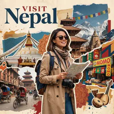Nepal Travel Poster Collage Featuring a Stylish Tourist