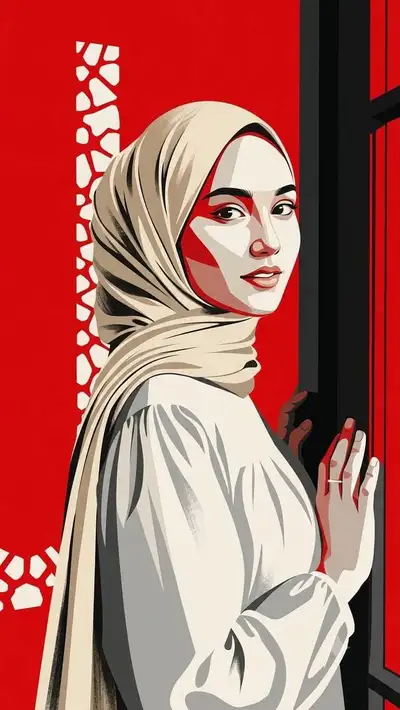 Minimalist crimson-and-ivory fashion graphic illustration