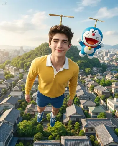 Mit Doraemon und dem Bambus-Kopter über eine Stadt fliegen