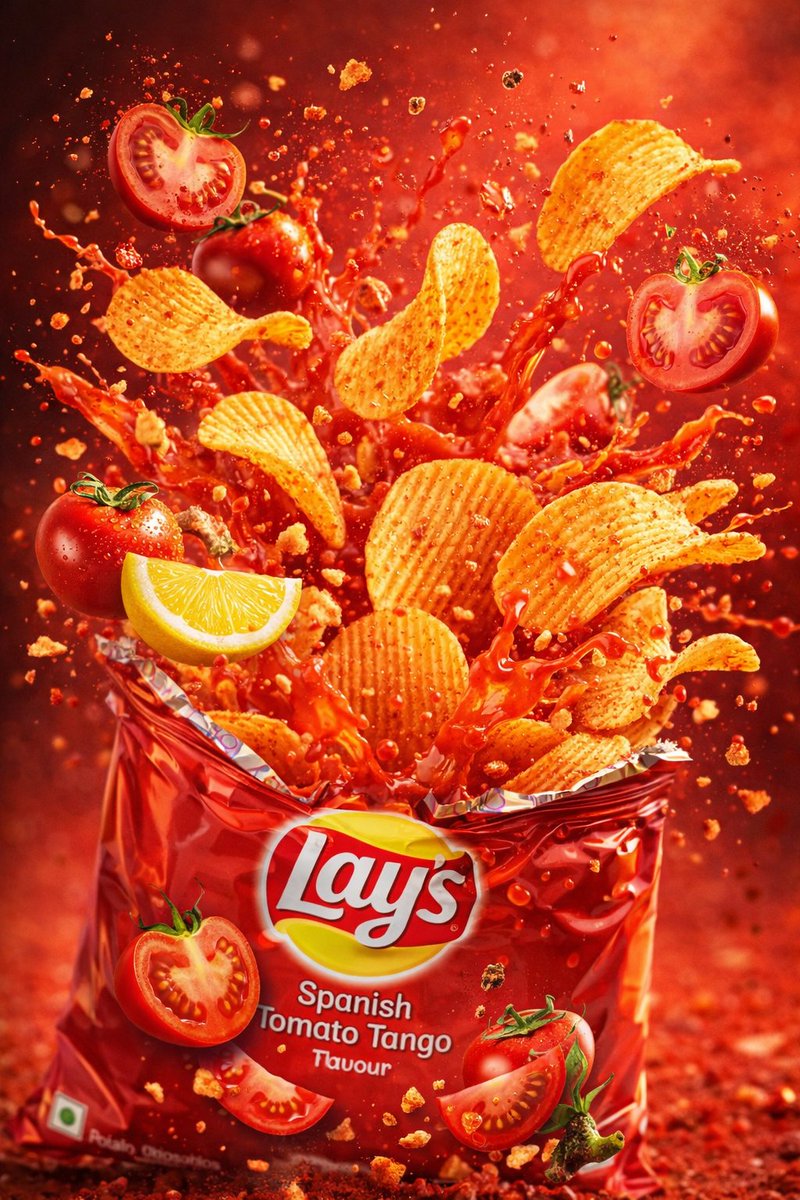 Explosive tomato chip snack advertisement JSON prompt for ChatGPT Image 1.5