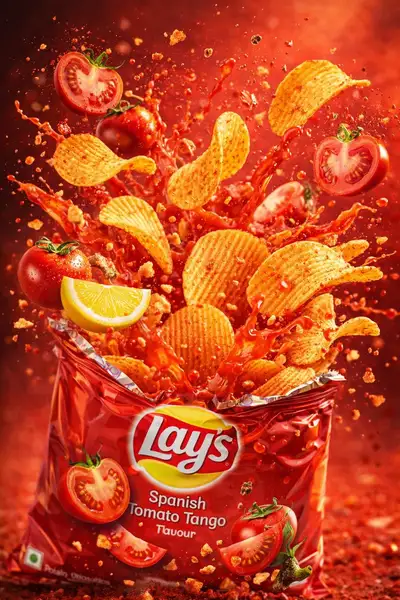 Explosive tomato chip snack advertisement JSON prompt for ChatGPT Image 1.5