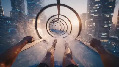 VEO3 JSON Prompt: Futuristic Waterslide Cityscape