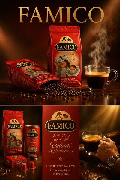Cafe Famico four panel red and gold coffee campaign poster