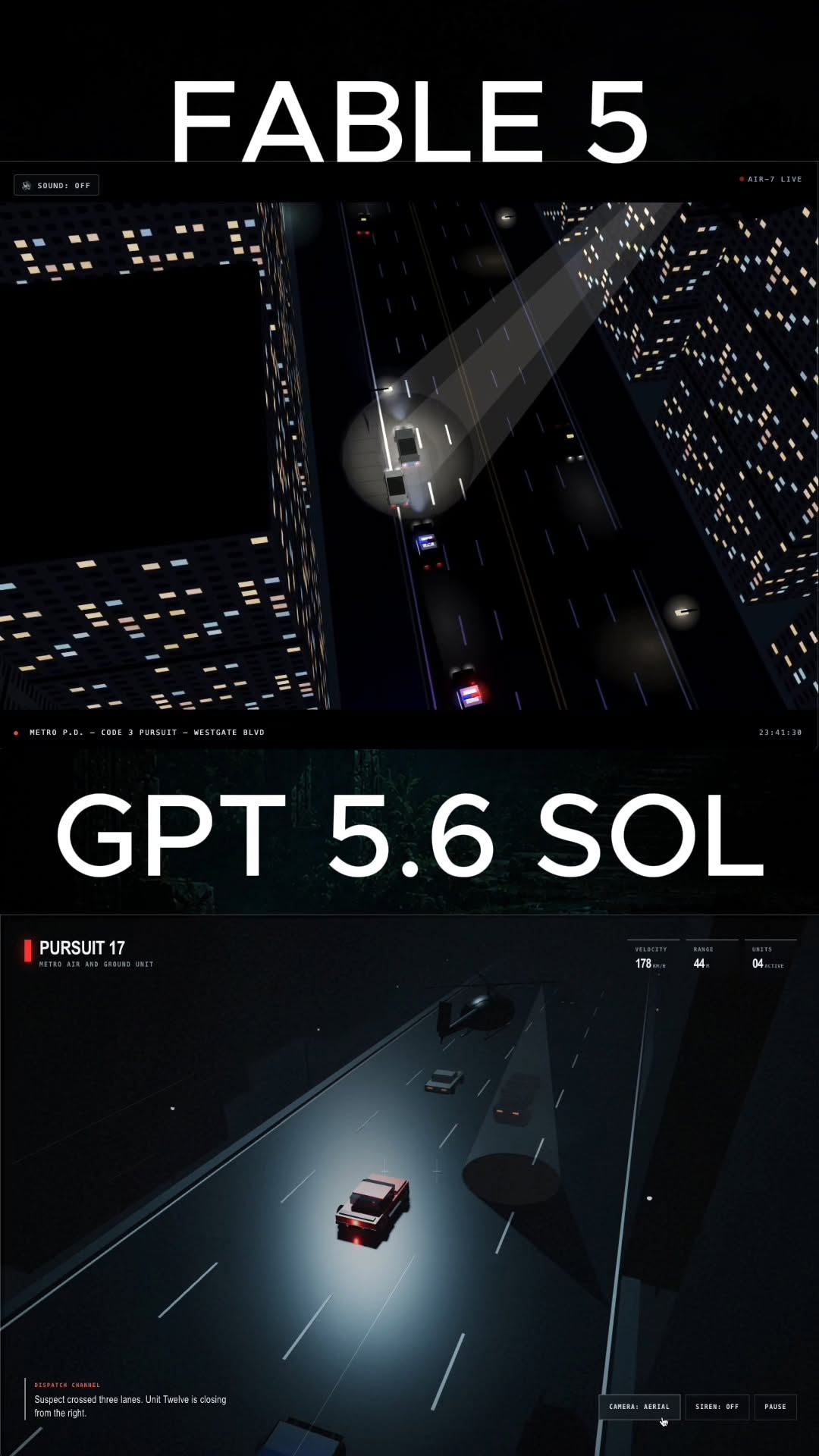 High-speed police car chase animation in a single HTML file