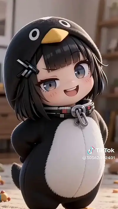 Chibi-Mädchen im Plüsch-Pinguin-Kigurumi mit wechselnden Ausdrücken