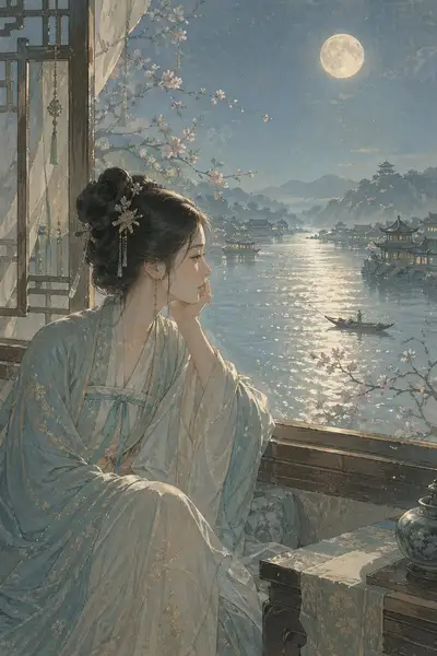 Chinese Ink Painting: Moonlit River Scene