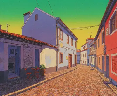 Illustration Anime du Village d'Ericeira en Style Rétro