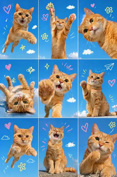 Playful ginger cat 3x3 collage with pastel doodles