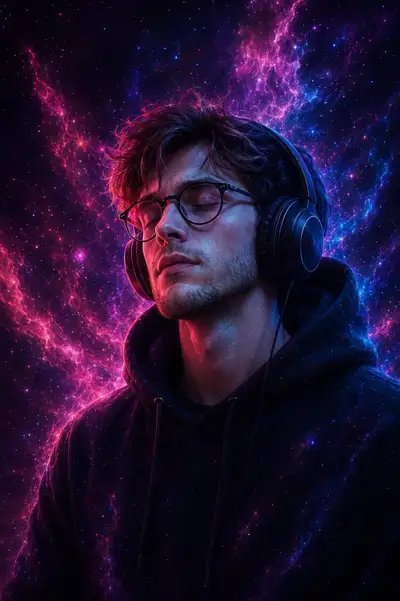 戴耳机漂浮穿越宇宙星云的男子