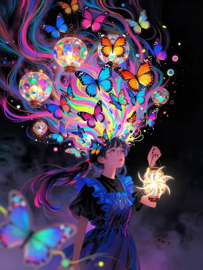 Anime illustration of a silhouette releasing butterflies with lanterns