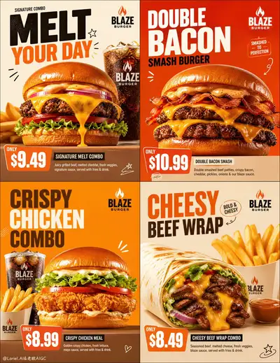 BLAZE BURGER 2x2 プレミアムファストフードキャンペーンポスターシステム