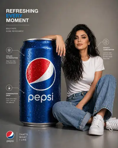 Oversized Soda Can Infographic Ad with a Seated Model