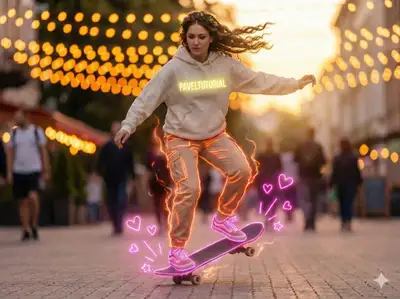 Neon-outlined skateboarder riding through an urban dusk street