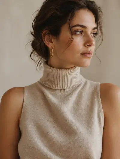 Elegant Oatmeal Knitted Turtleneck Fashion Portrait