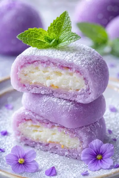 Photographie de desserts hyper détaillée avec gâteaux au matcha et à la gelée bleue
