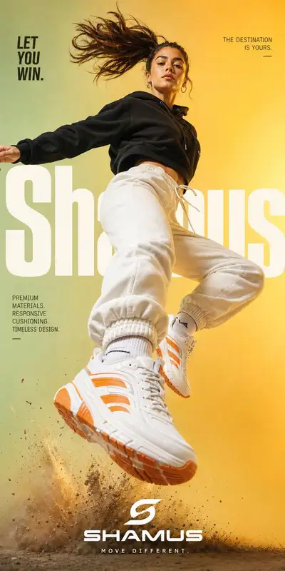 Cinematic sneaker advertisement poster with bold typography