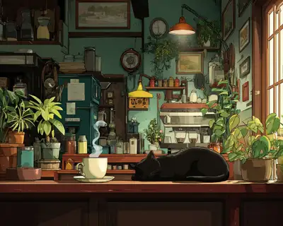 Ghibli Style Cozy Cafe Cat Repose