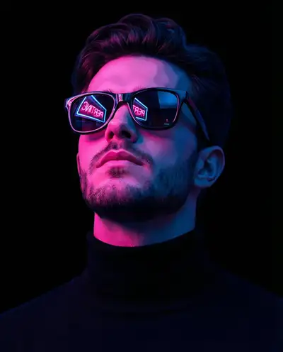 Retrato em ângulo baixo cyber-noir iluminado por neon rosa e azul