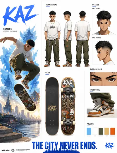 Cinematic Character Bible Sheet for KAZ