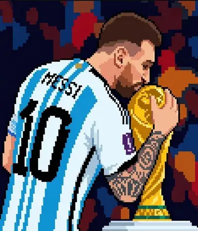 32-bit Pixel Art of Messi Kissing World Cup Trophy