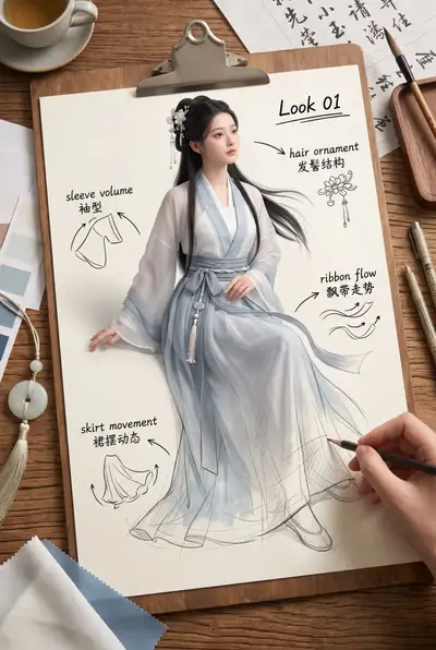Fashion design sheet of a hanfu model with sketch annotations