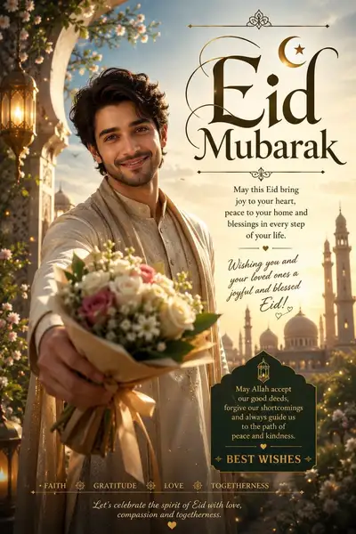 Affiche de vœux Eid Mubarak avec geste de fleur