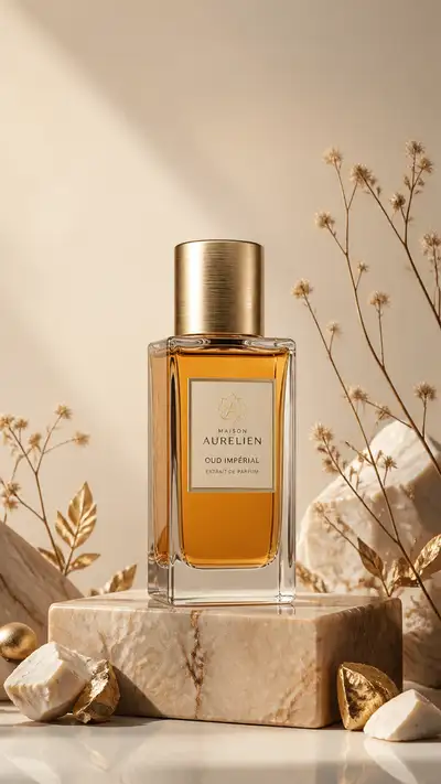Luxury perfume packaging concept on stone pedestal