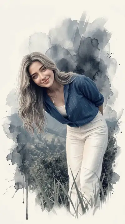 Portrait éditorial pictural en tons sourds avec fond aquarelle
