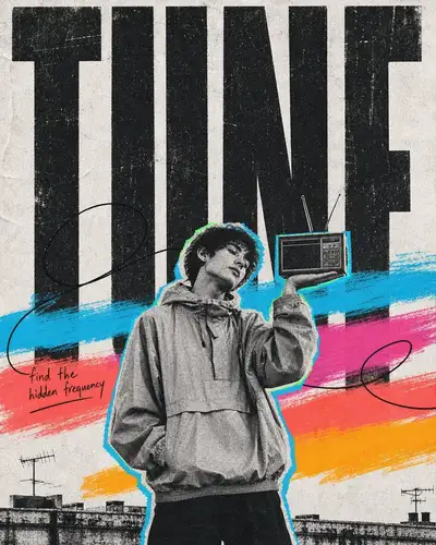 TUNE gritty collage poster of a man with a transistor radio