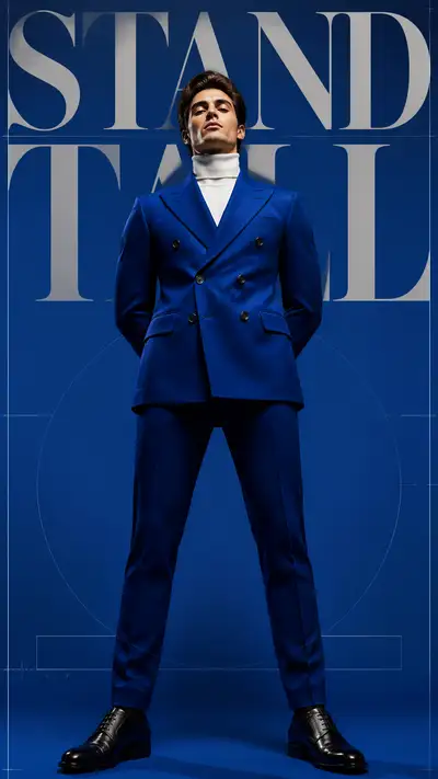 Monumental low-angle luxury suit editorial poster