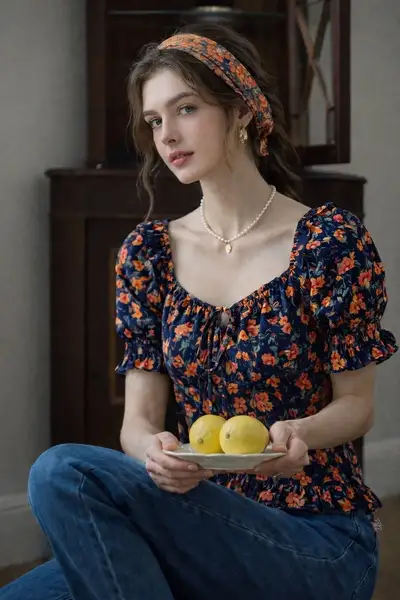 Retrato sentado con blusa floral y diadema
