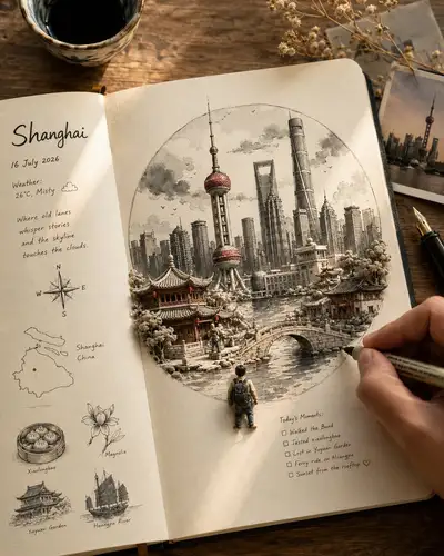 Overhead travel journal close-up template for any destination