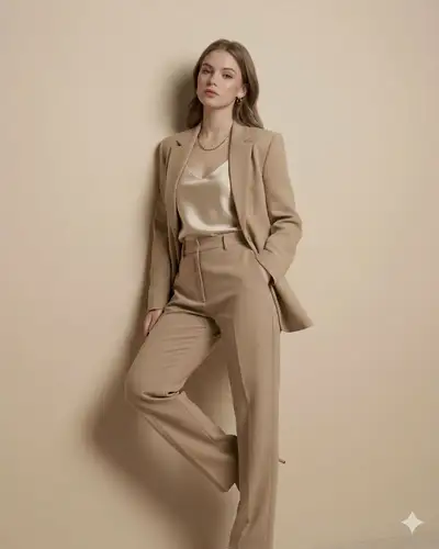 Portrait éditorial de mode avec costume beige minimaliste sur mesure