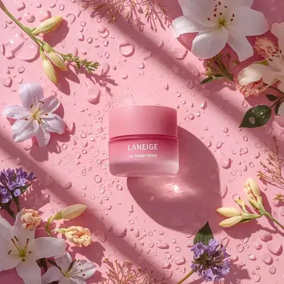 Laneige Lip Sleeping Mask Flat-Lay with Flowers