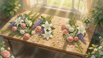 Calm Ghibli-style morning flower arranging video prompt
