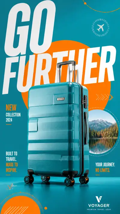 Suitcase travel campaign poster, Go Further concept
