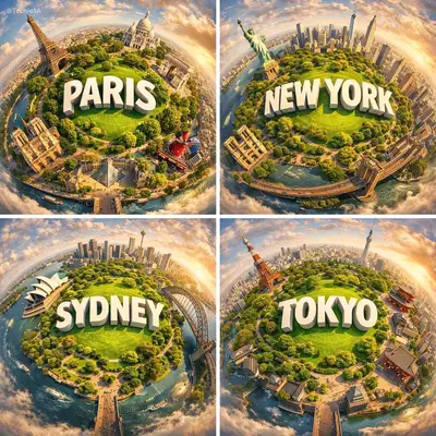 Miniature planet globe of a city with 3D text