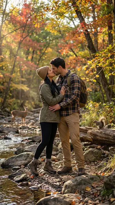 Cinematic Autumn Hike Creek Kiss Scene