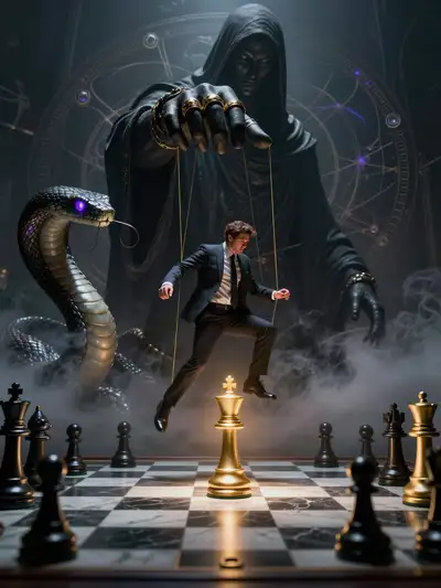 Dark fantasy deity controlling a marionette businessman on a chessboard