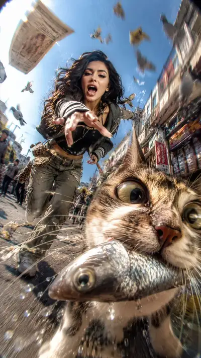 混乱数码相机追逐场景，猫偷鱼