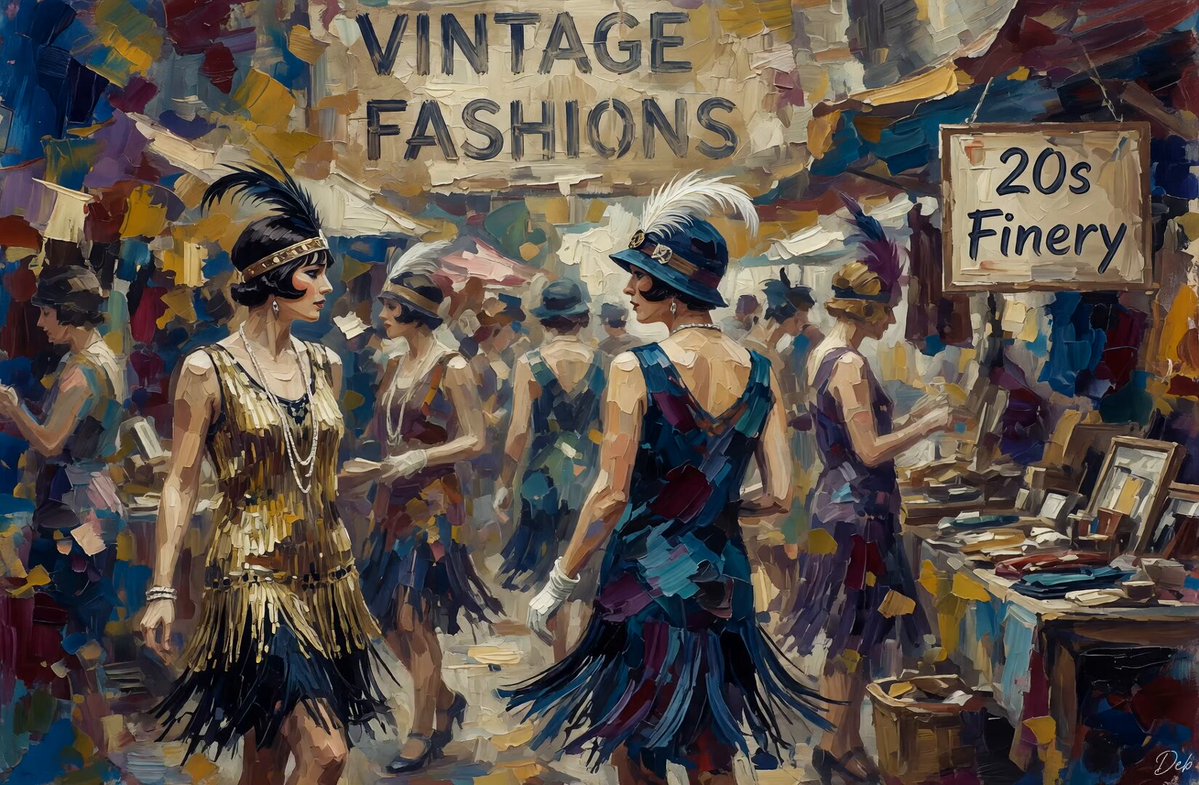 Vintage flea market of 1920s flappers as an abstract painting