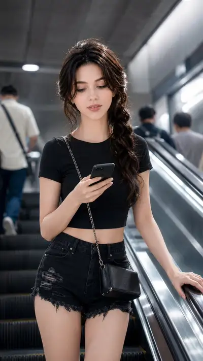 Woman on smartphone in subway station portrait prompt