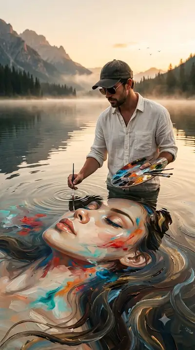 Painter Creating Woman's Portrait on Lake Surface