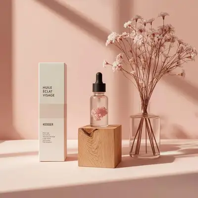 Facial oil dropper bottle styled with dried flowers