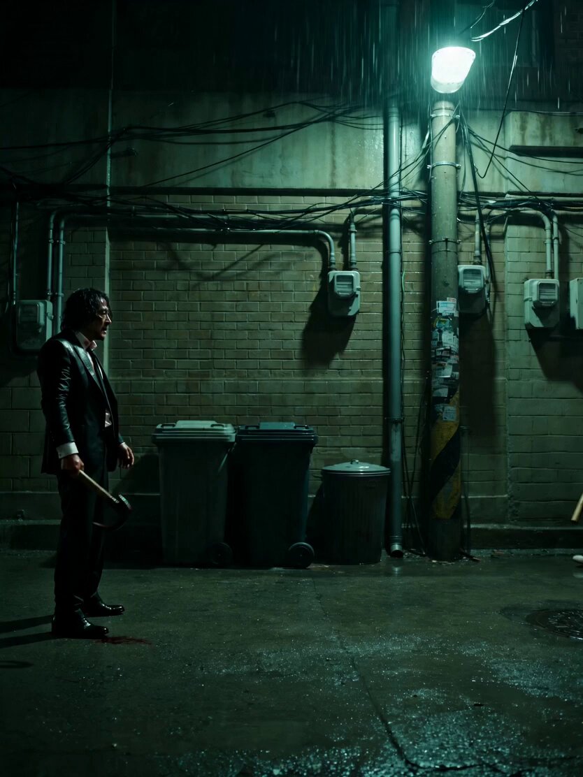 Neo-noir alley fight scene, single continuous take