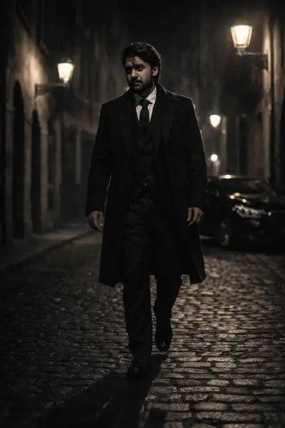 Retrato noir cinematográfico de um homem caminhando por uma rua europeia à noite