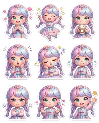 Pixar-style chibi doll sticker set prompt