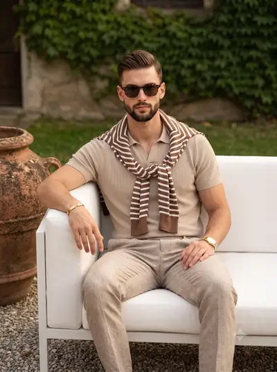 Old money Riviera portrait of a man on a white outdoor sofa